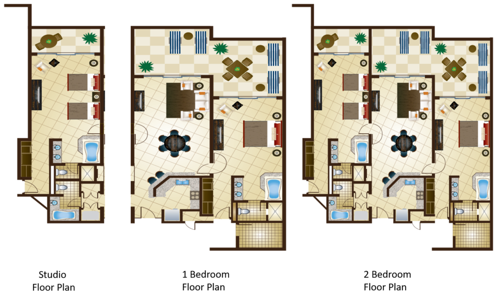 Presidentil Suites Studio, 1 Bedroom, and 2 Bedroom Floor Plans. 1 Bedroom and 2 Bedroom Suites come with a Kitchen and Living Room