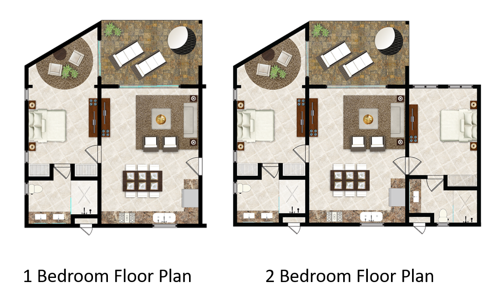 The royal suites 1 and 2 bedroom floor plans